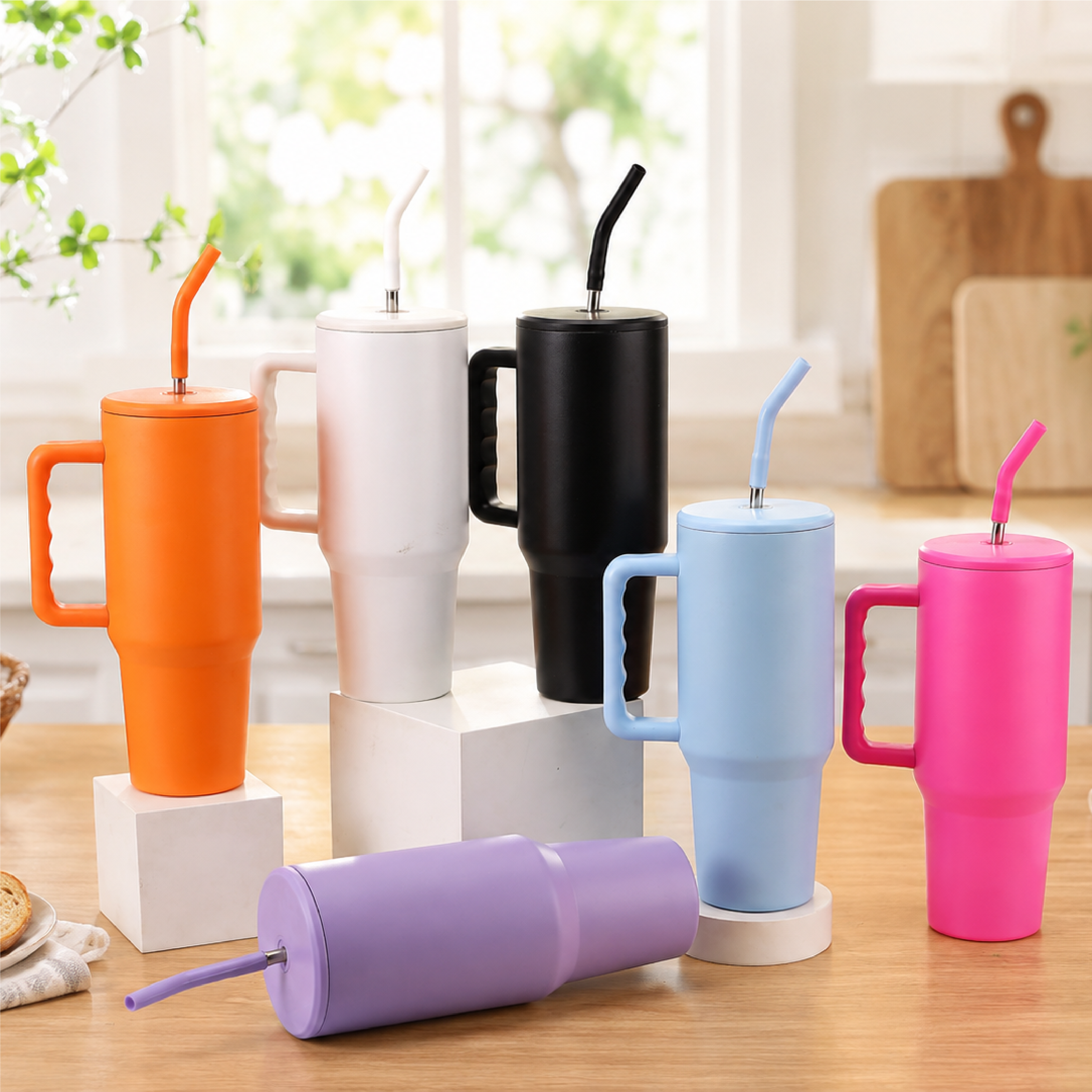 40oz large capacity stainless steel insulated tumbler with handle and straw