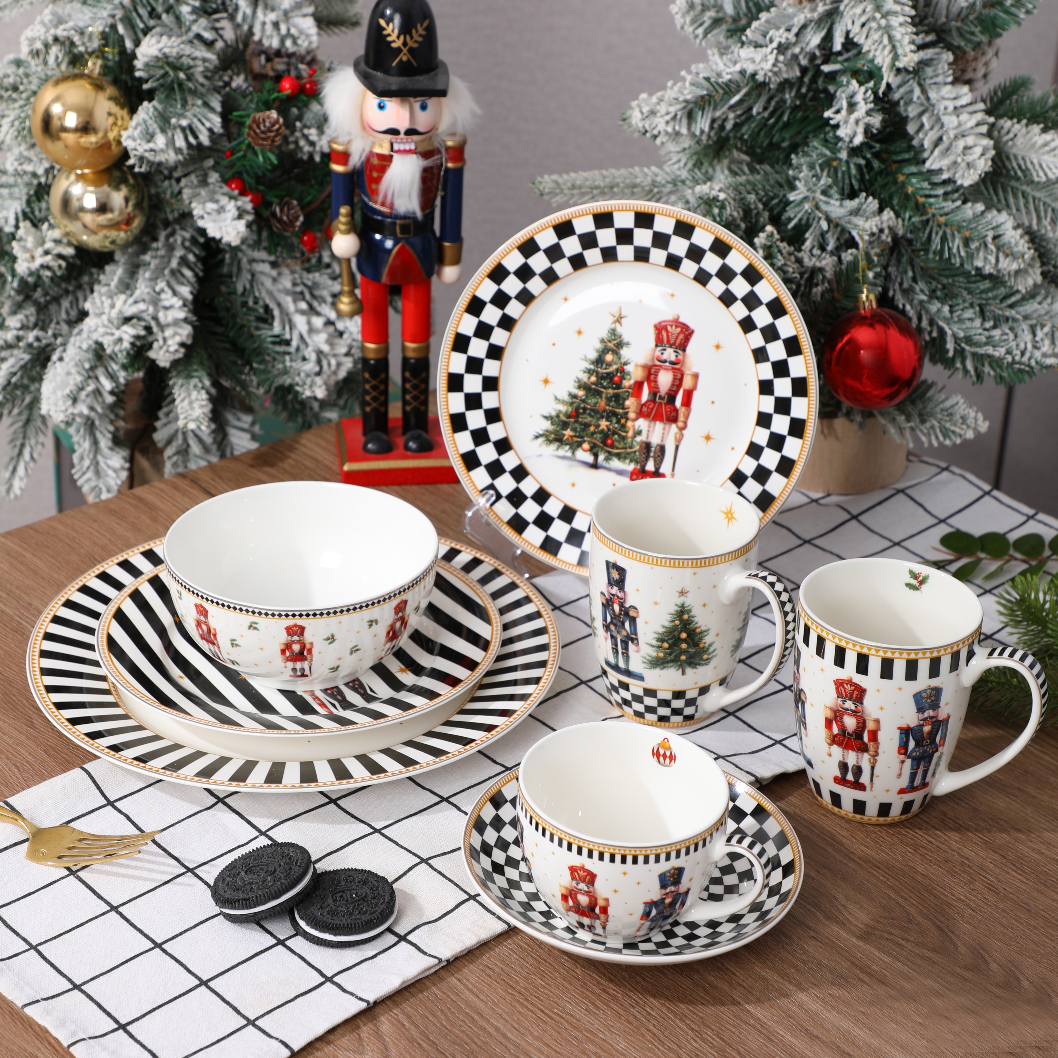Nutcracker Christmas Ceramic Dinnerware Set, Black‑White Checkered Holiday Plates Bowls Mugs Gift Set