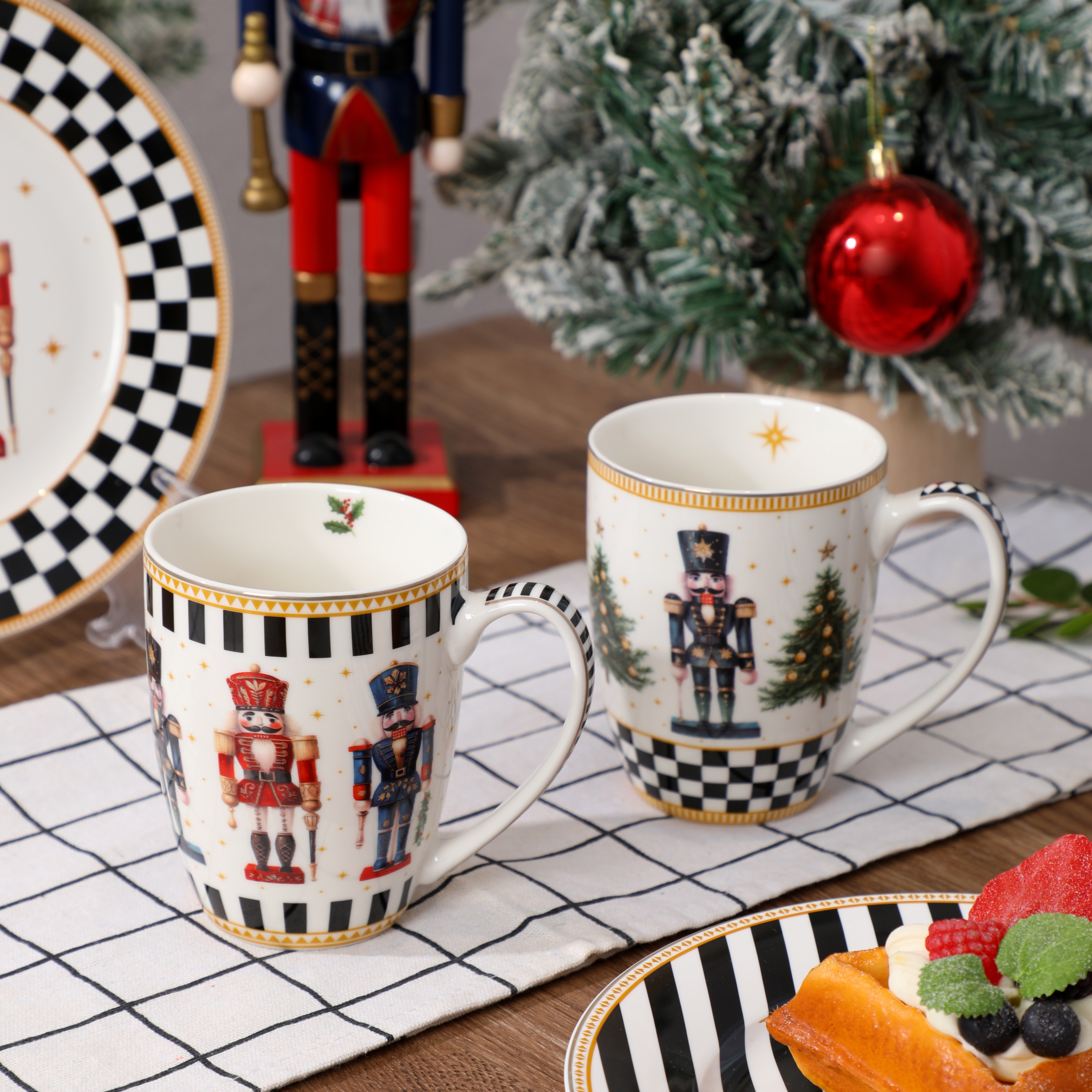 Nutcracker Christmas Ceramic Dinnerware Set, Black‑White Checkered Holiday Plates Bowls Mugs Gift Set