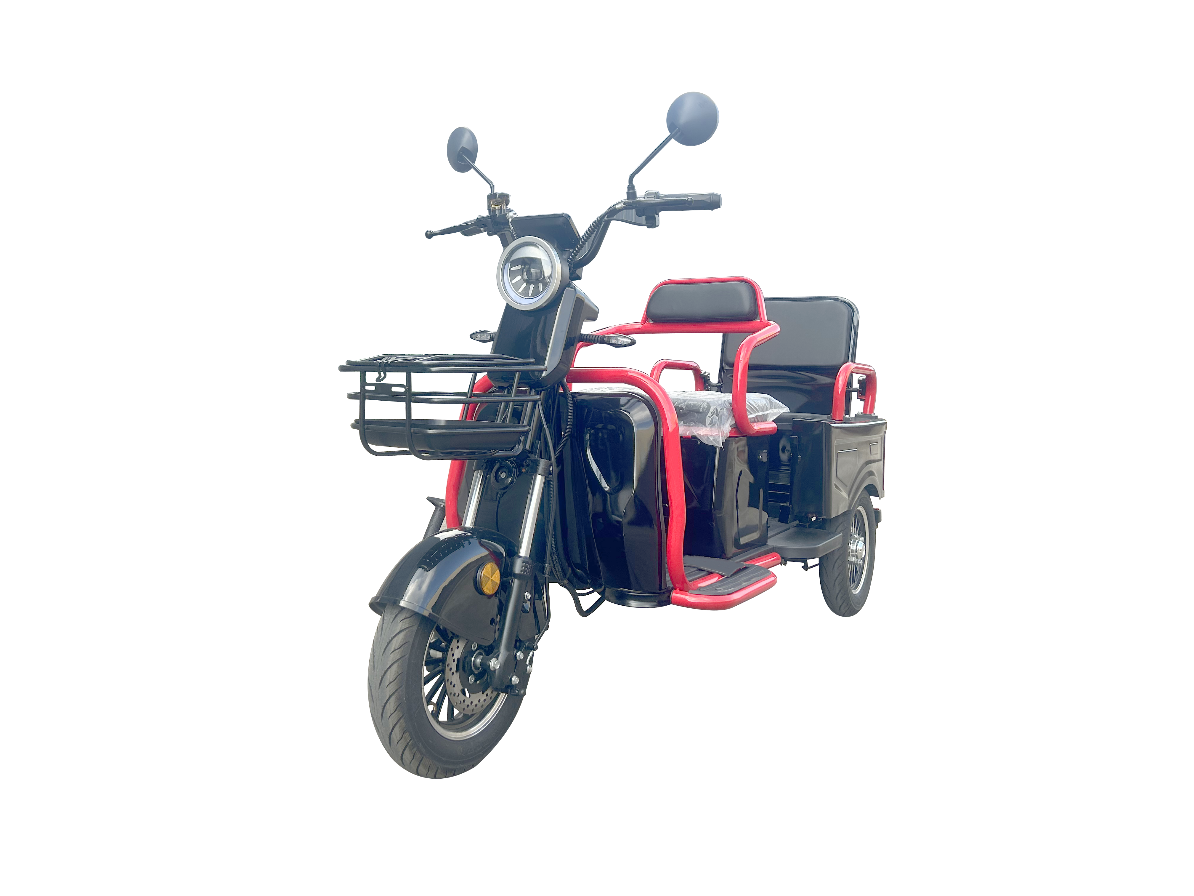 1200W electric three-wheeler with two seats, a cargo-capable rear seat that can be switched to a cargo compartment, EEC