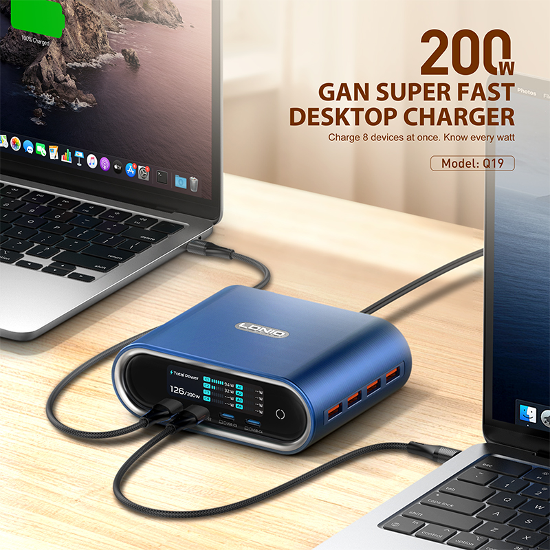 LDNIO Q19 OEM/ODM 100W GaN Charger 8 Ports Desktop Power Adapter Wide Voltage Multi-Device Charger
