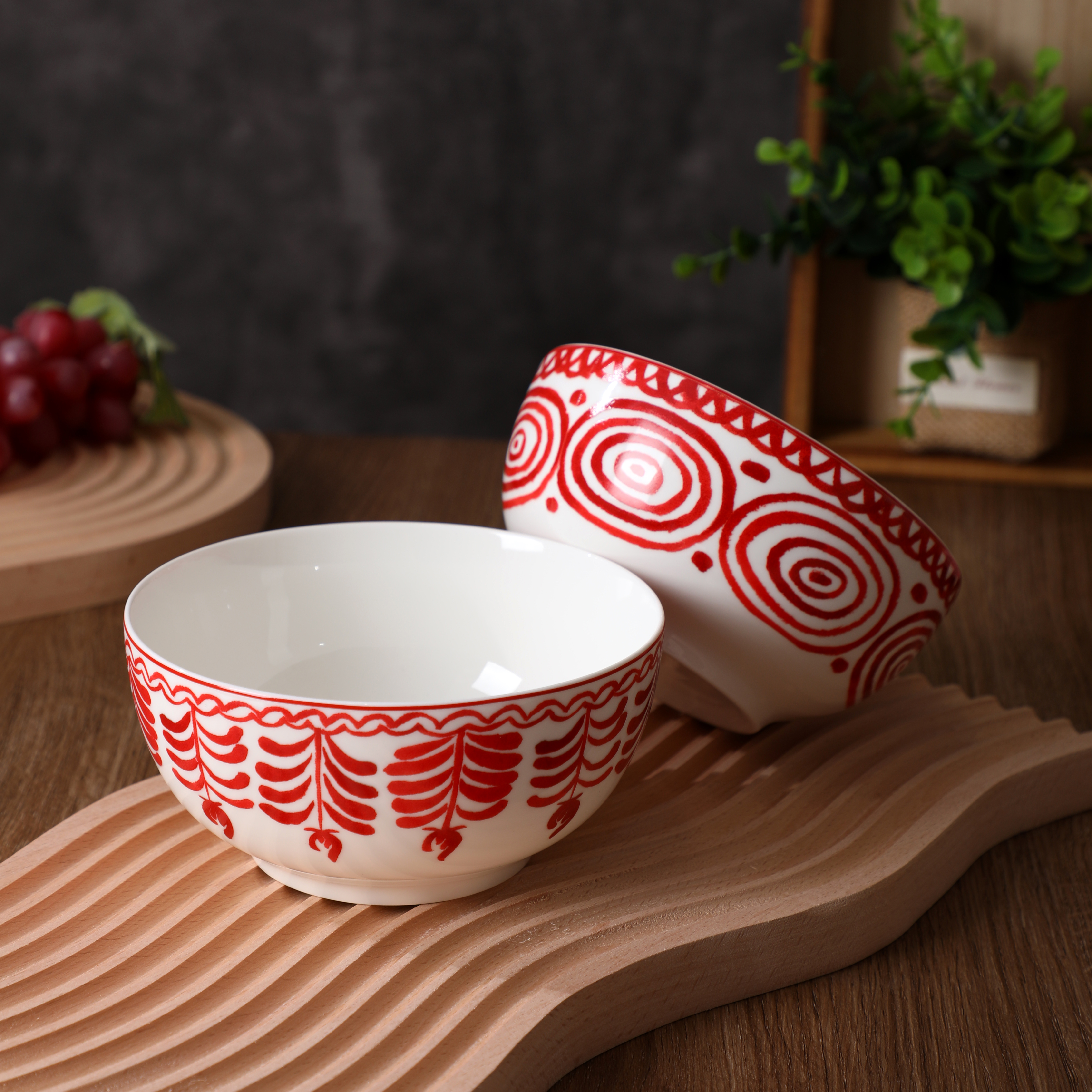 Bohemian New Chinese Style Ceramic 5.5‑inch Straight‑Sided Serving Bowl with Red Botanical Pattern