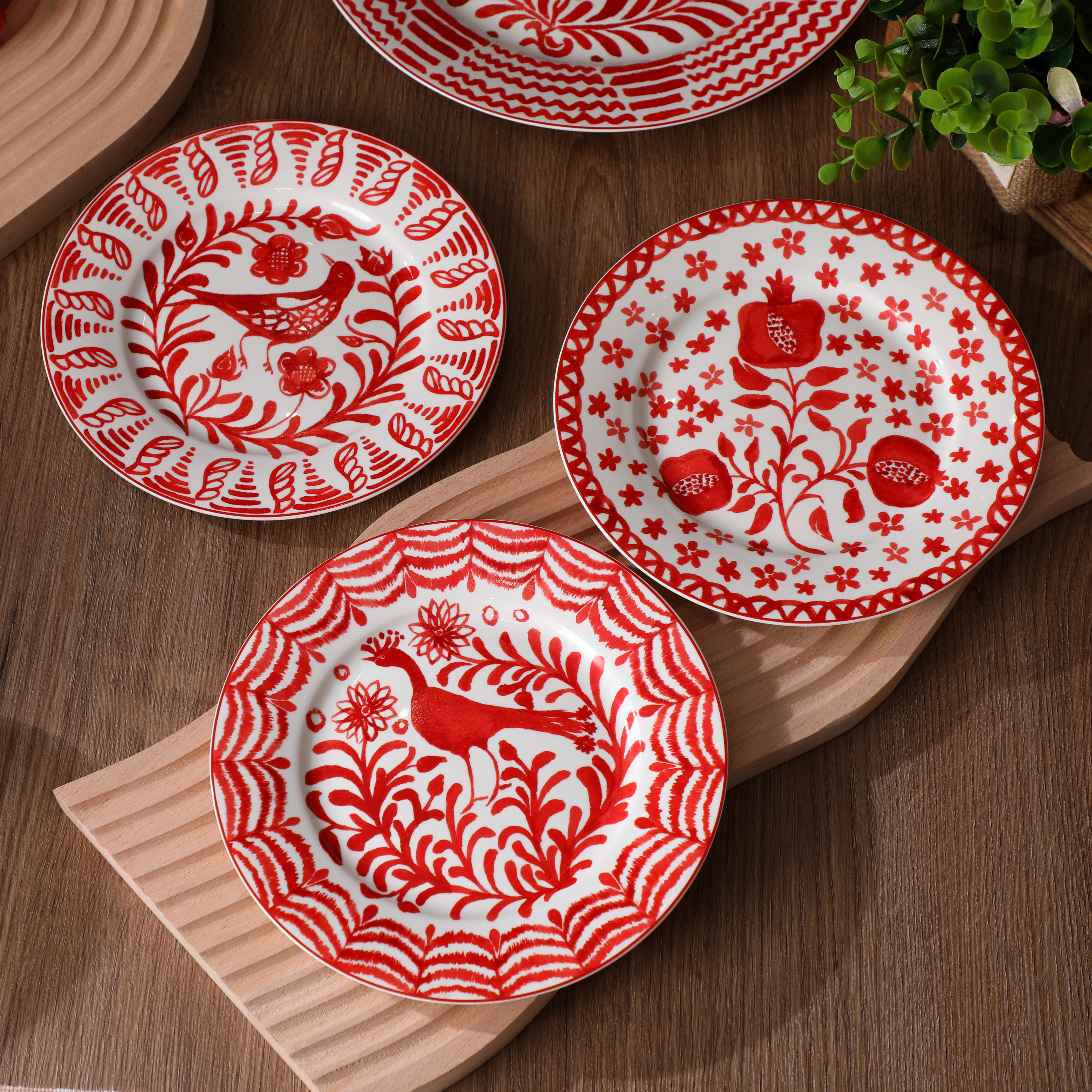 Bohemian Red Botanical Bird Pomegranate Porcelain Plates, Assorted Retro Pattern Dinner Plates for Table Decor