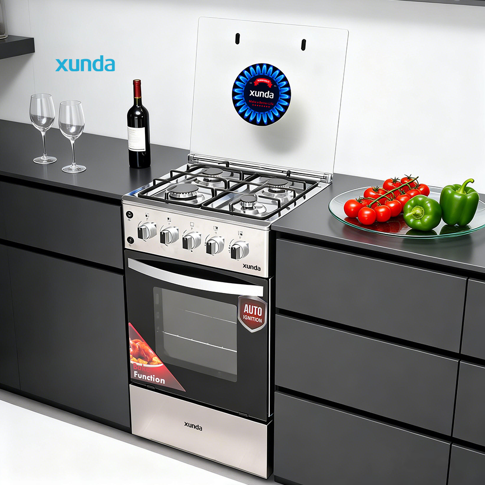 Xunda New Freestanding Convection Gas Stove 4 Burners with Oven and Grill Stainless Steel Kitchen Appliance Built-in Gas Oven