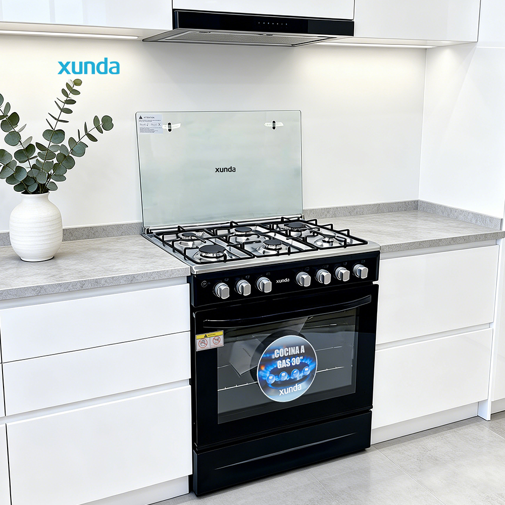 Xunda Manufacturer Build in Pizza Oven 30-Inch Stainless Steel Gas Range 5 Burners Freestanding Oven Chinese Gas Range Oven
