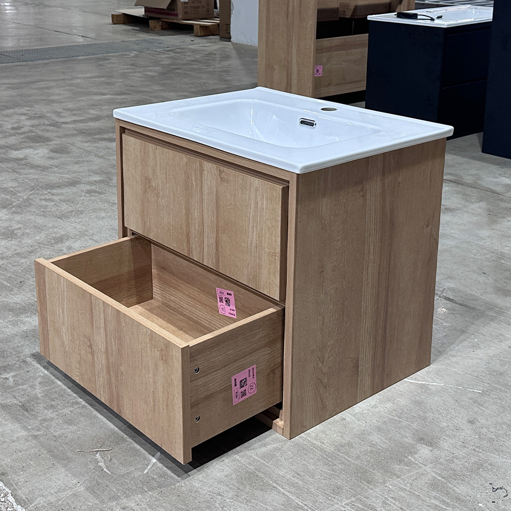 Modern Bathroom Wall Hung 1-Drawer Vanity , Bleached Oak, 600mm